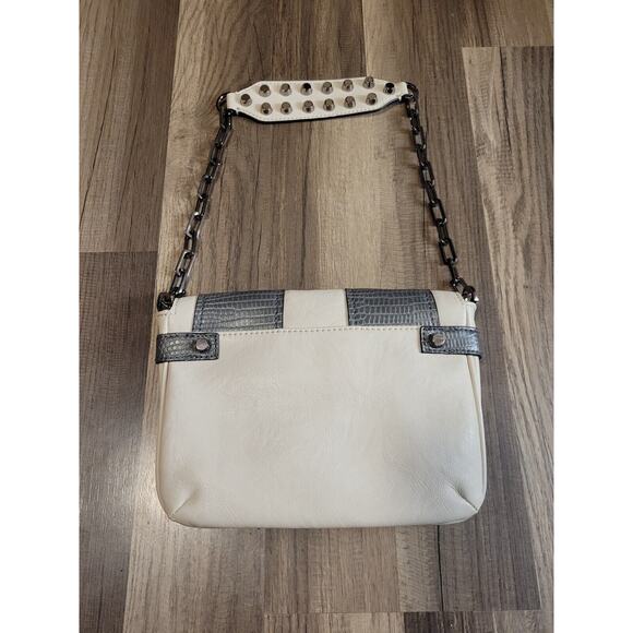 GUESS Leather Gray Cream Studded Handbag Purse Y2K Gunmetal Chain Handle - Picture 9 of 11